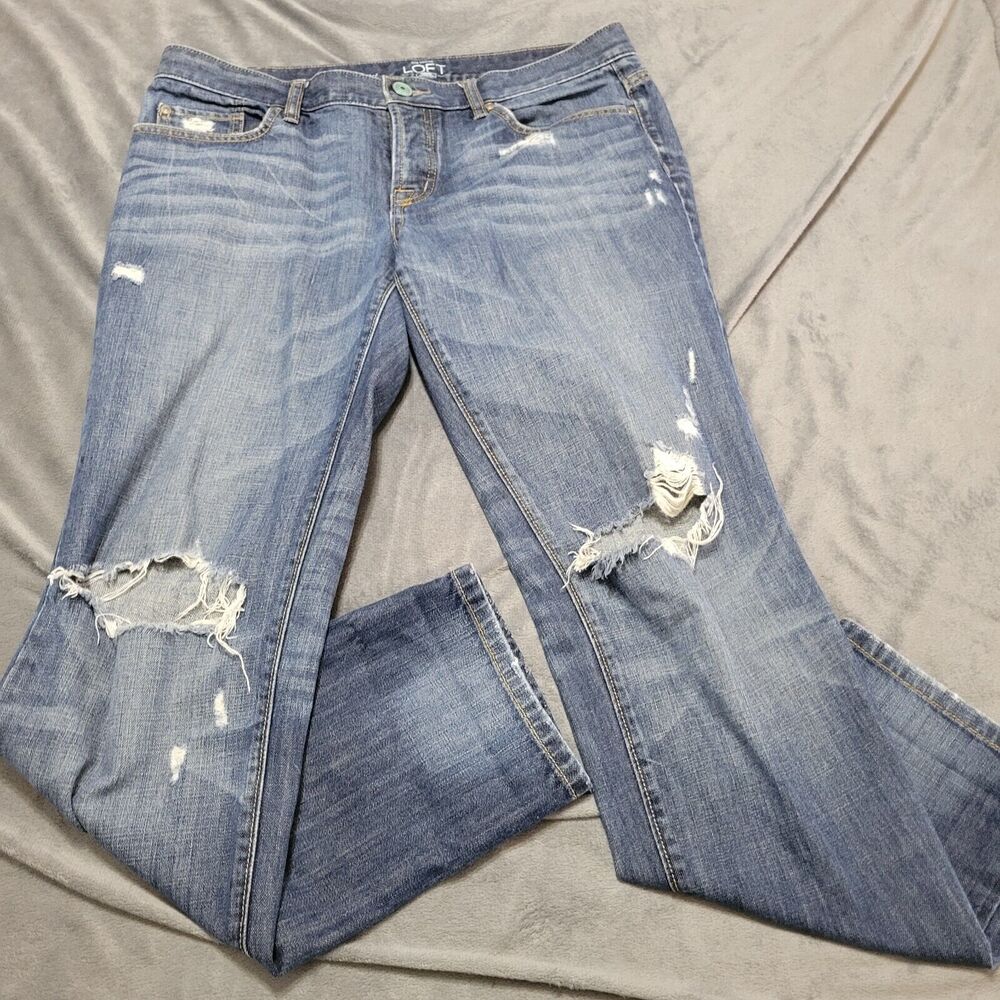 Ann Taylor Loft Jean Women 8 Blue Boyfriend Busted Knee Button Fly Distres Denim